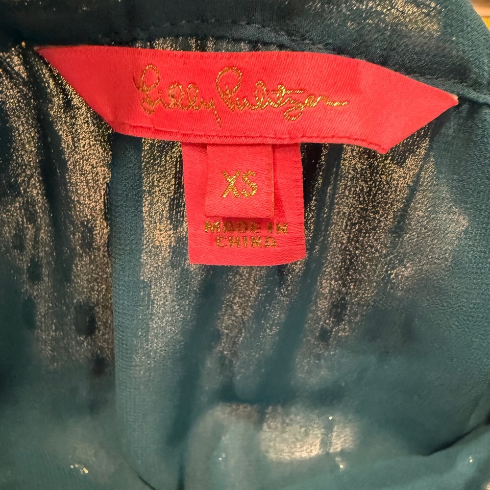 Lilly Pulitzer Matilda Silk Chiffon Blouse Teal Blue Top w/Silver Accents Sz: XS - Picture 9 of 16